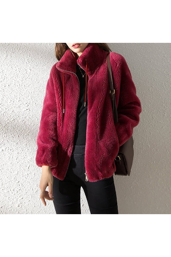 Fleece Jackets for Women Zipper Plus Size Full Zip Cardigan Jacket No Hood Solid Warm Coats Hip Length Thermal Outwear Fuzzy Long Sleeve Winter Clothes Collar Jacket Soft Comfy Top