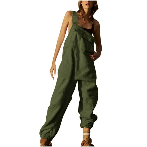 TrendVibe365 Fleece Jumpsuit Women One-piece Bibs Jumpsuits Adjustable Suspender Straps Warm Winter Fuzzy Ski Pants 2024 Casual Loose Fit Sleeveless Rompers with Pockets Green S(US=4)