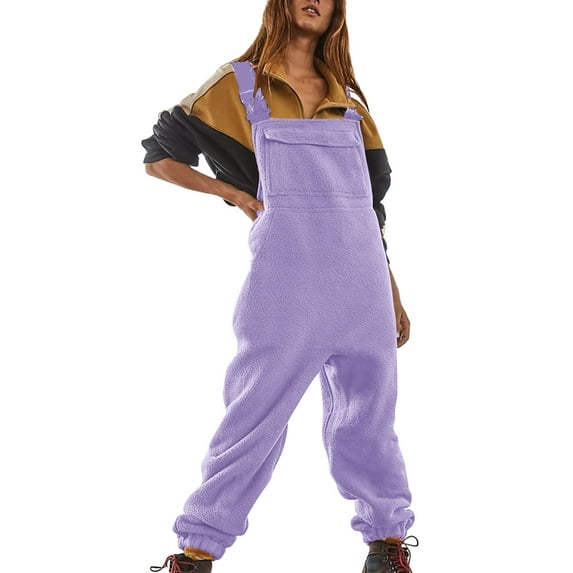 TrendVibe365 Fleece Overalls Women One Piece Bibs Jumpsuits Adjustable Suspender Straps Warm Winter Fuzzy Ski Pants 2024 Casual Loose Fit Sleeveless Rompers with Pockets Purple M(US=6)