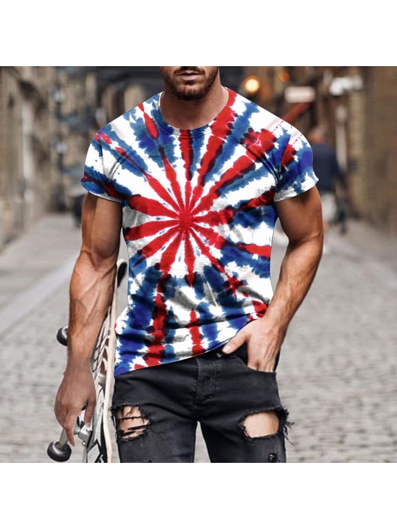 Fourth of July Tee Shirts Mens Casual Thirts Red White and Blue Tie Dye Basic Shirts USA Proud Short Sleeve Tee Tops Singlet Crew Neck Hipster Comfortable T Shirts Clothes