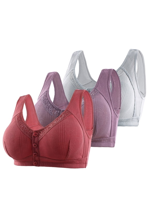 TrendVibe365 Front Clasp Bras for Women 3 Pack Cotton Floral Wireless Push up Bralettes Padded Snap Front Closure Wide Strap Bustier Full Coverage Crop Tank Top Comfortable Shapewear Silver 44