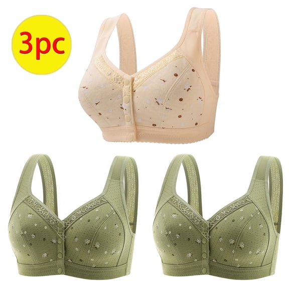 successthop Front Closure Bras for Women 3 Pack Daisy Floral Wirefree Push up Bralette Padded Button Front Clasp Wide Strap Corset Full Coverage Crop Tank Top Cute Shapewear Brown L