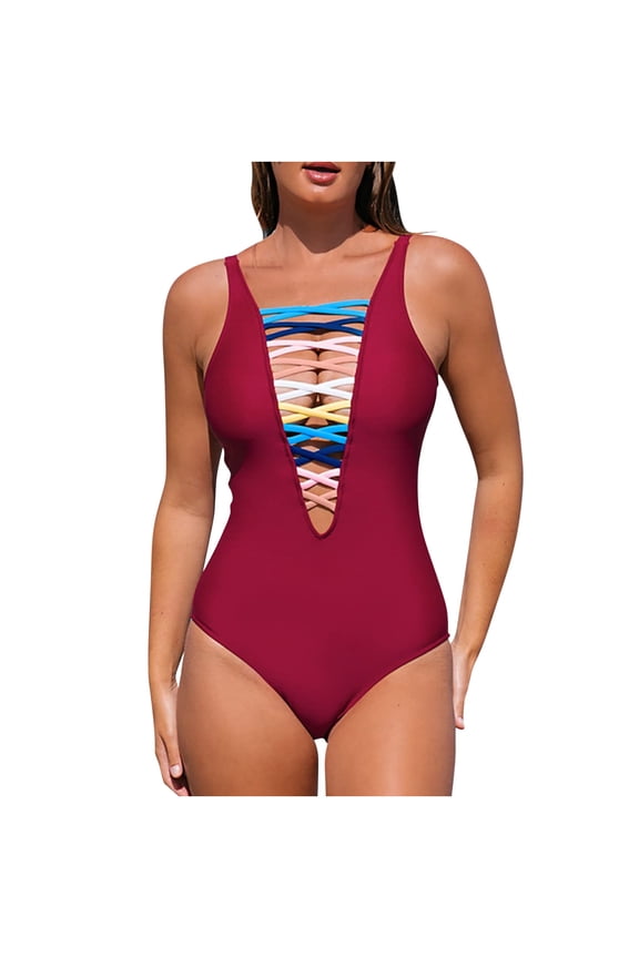 TrendVibe365 Full Coverage Swimsuits for Women Wine One Piece Bathing Suits Thong Solid Swimwear Beachwear L
