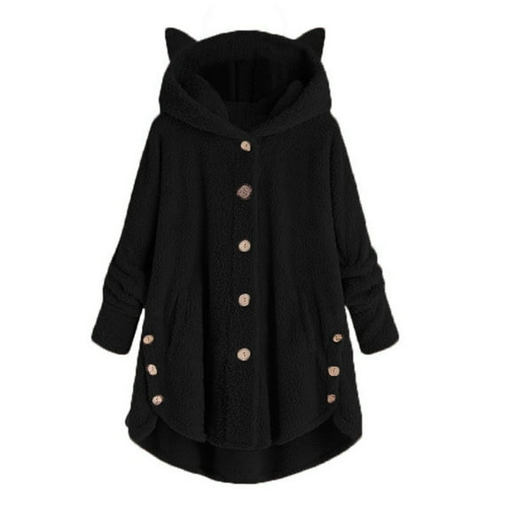 successthop Fuzzy Jackets for Women Plus Size Oversized Black Button up Wool Jacket Hoodie Solid Warm Coats Tunic Thermal Outwear Fuzzy Long Sleeve Winter Clothes Collar Jacket Soft Comfy Top