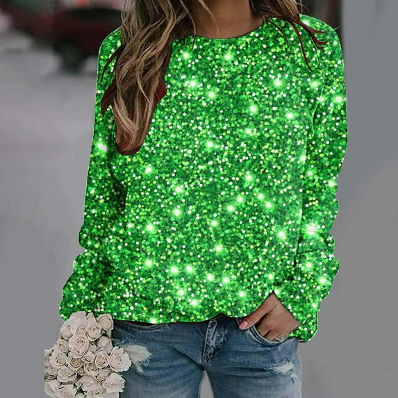 successthop Green Crewneck Sweatshirt Womens Plus Size St Patricks Day Long Sleeve Round Neck Polyester No Hood Casual St. Patricks Day Blouse Tops for Irish Themed Gifts 5XL