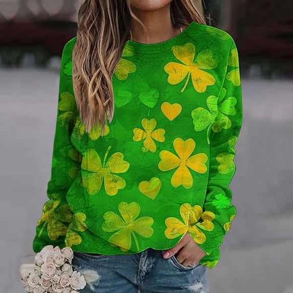 TrendVibe365 Green Sweatshirt Plus Size St Patricks Day Long Sleeve Crew Neck Polyester No Hood Casual St. Patricks Day Blouse Tops for Irish Themed Gifts M