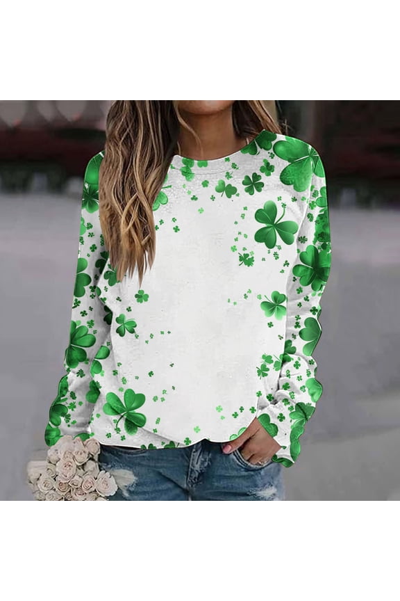 Green Sweatshirt Plus Size St Patricks Day Long Sleeve Crew Neck Polyester No Hood Casual St. Patricks Day Blouse Tops for Irish Themed Gifts S
