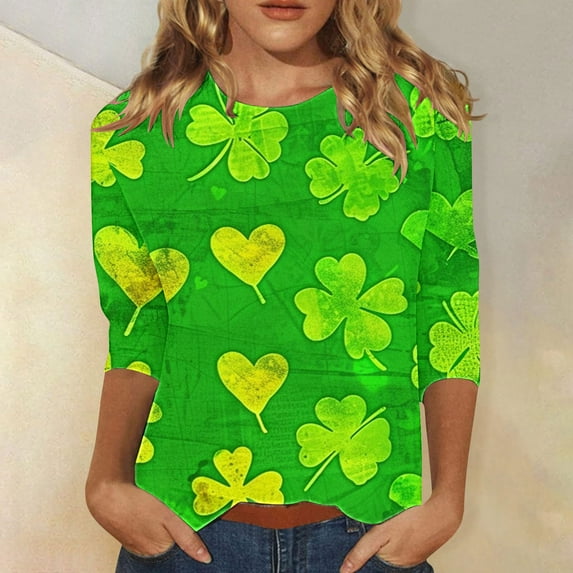 successthop Green Women's Plus Size Tops with 3/4 Sleeves St Patricks Day with Crew Neck Polyester Casual St. Patricks Day Blouse Tops for Irish Themed Gifts M