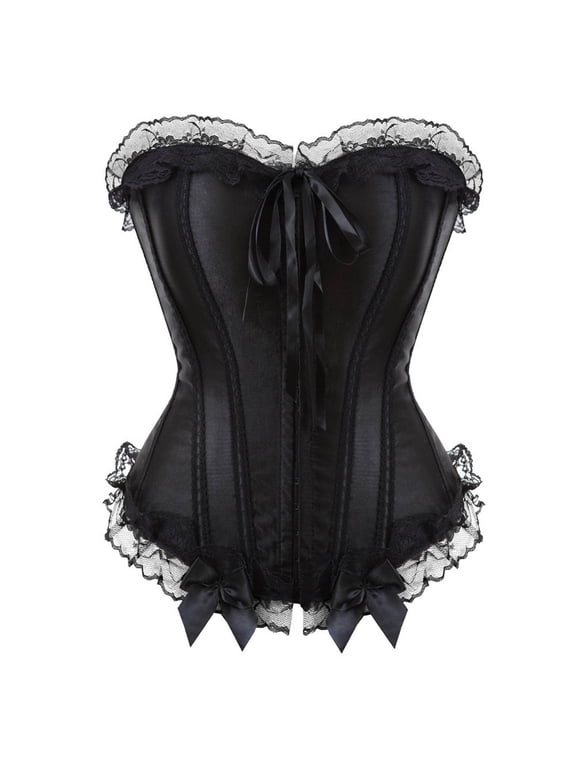Halloween Black Underbust Corsets for Women Plus Size Lace Up Satin Boned Corset Solid Bustier Underbust Lingerie Strapless Bodysuit Tops Bows Bodyshaper Top for Renaissance Dress