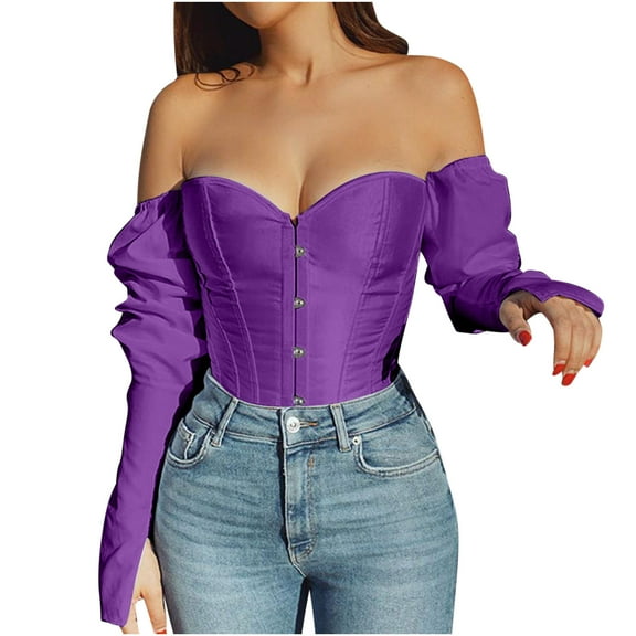 TrendVibe365 Halloween Corset Bustier Top for Women Plus Size Satin Boned Overbust Corset Solid Bustier Underbust Lingerie Long Sleeve Bodysuit Tops Tied Bodyshaper Top for Renaissance Dress