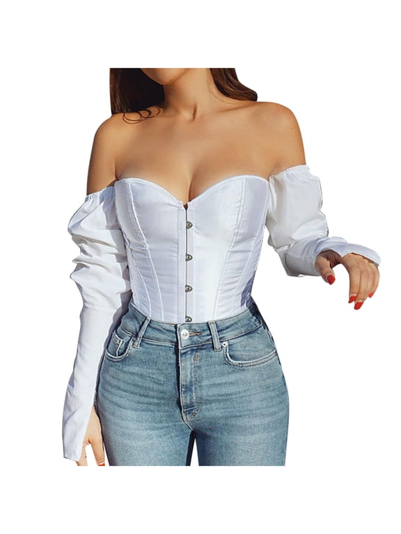 Halloween Corset Bustier Top for Women Plus Size Satin Boned Overbust Corset Solid Bustier Underbust Lingerie Long Sleeve Bodysuit Tops Tied Bodyshaper Top for Renaissance Dress