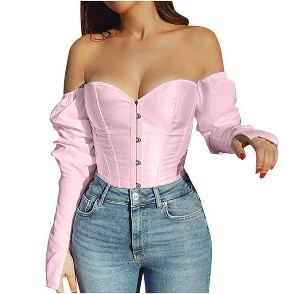 TrendVibe365 Halloween Pink Corset Bustier Top for Women Plus Size Satin Boned Overbust Corset Solid Bustier Underbust Lingerie Long Sleeve Bodysuit Tops Tied Bodyshaper Top for Renaissance Dress