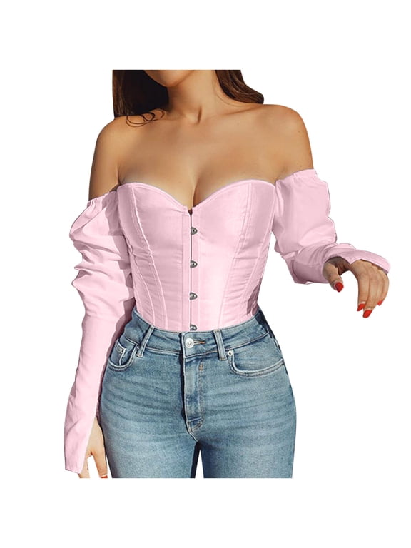 successthop Halloween Pink Corset Bustier Top for Women Plus Size Satin Boned Overbust Corset Solid Bustier Underbust Lingerie Long Sleeve Bodysuit Tops Tied Bodyshaper Top for Renaissance Dress