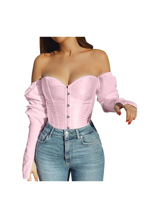 successthop Halloween Pink Corset Bustier Top for Women Plus Size Satin Boned Overbust Corset Solid Bustier Underbust Lingerie Long Sleeve Bodysuit Tops Tied Bodyshaper Top for Renaissance Dress