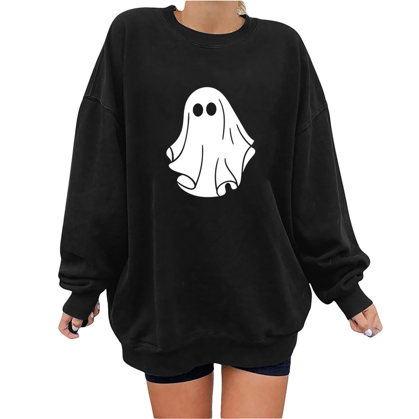 TrendVibe365 Halloween Sweatshirts for Women Loose Fit Crewneck Pullover Loose Long Sleeve Sweatshirts Solid Fashion Graphic Cute Spooky Ghost Printed Sweatshirts Comfy Fall Tops Trendy Outfits Walmar...