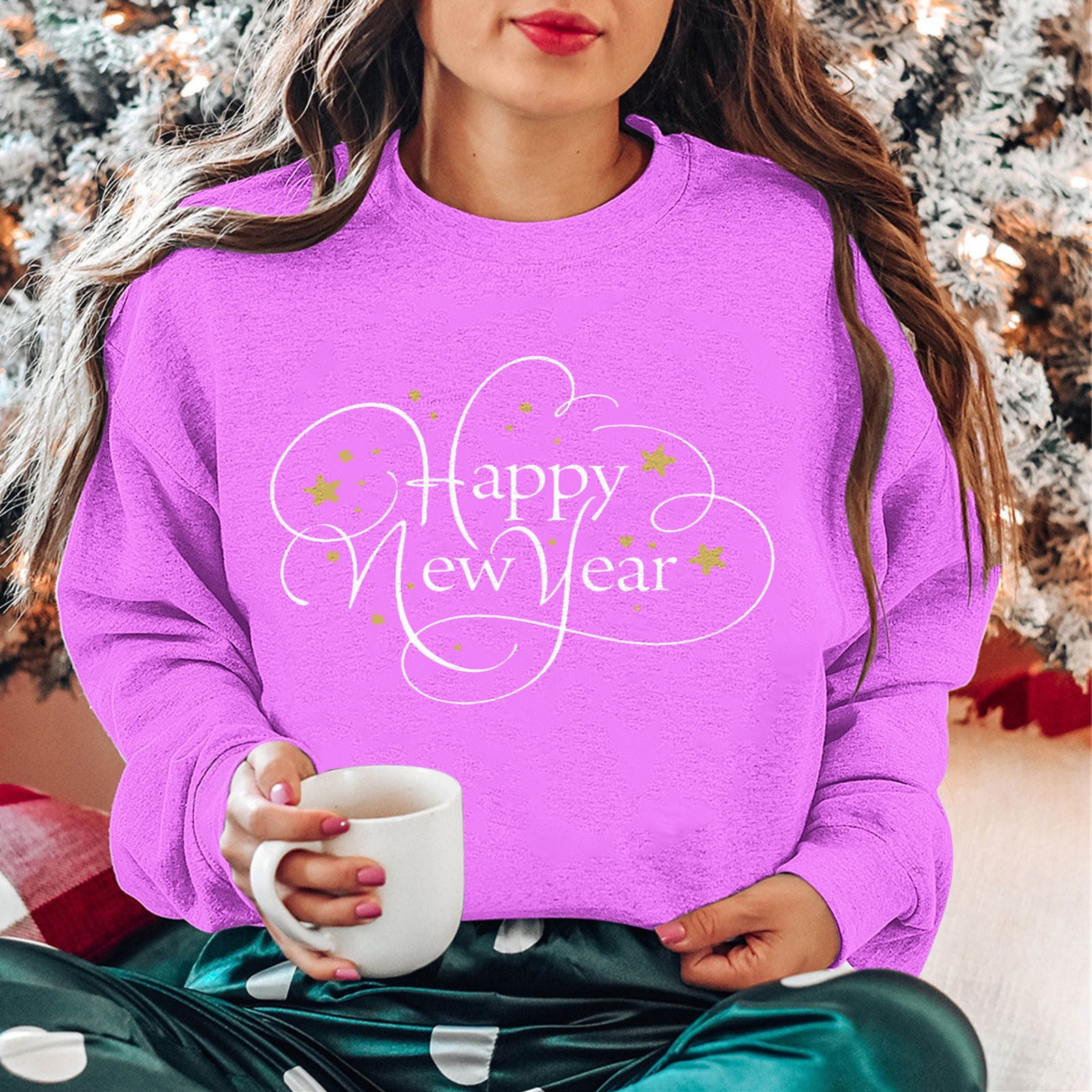 TrendVibe365 Happy New Year Sweatshirt for Women Long Sleeve Christmas