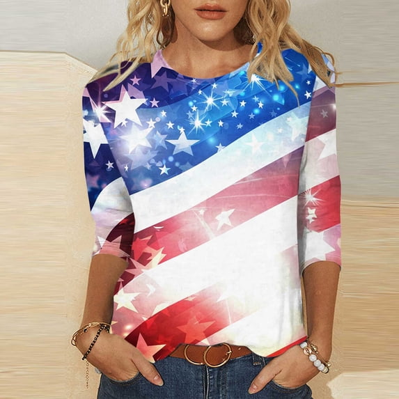 TrendVibe365 Independence Day T Shirt Womens Summer Stars Stripes Independence Day Shirts Casual 3/4 Sleeve Patriontic Tunic Tops Fashion Crew Neck 1776 Clothes Spring Outfits