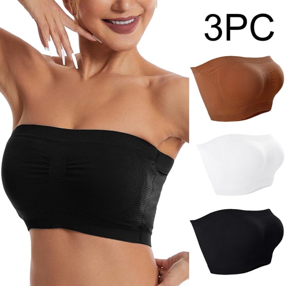 TrendVibe365 Invisible Bras for Women Multipack Tube Top Stretchy Wireless Push up Underoutfit Bralettes Padded Corset Bra Full Coverage Cute Shapewear Black L