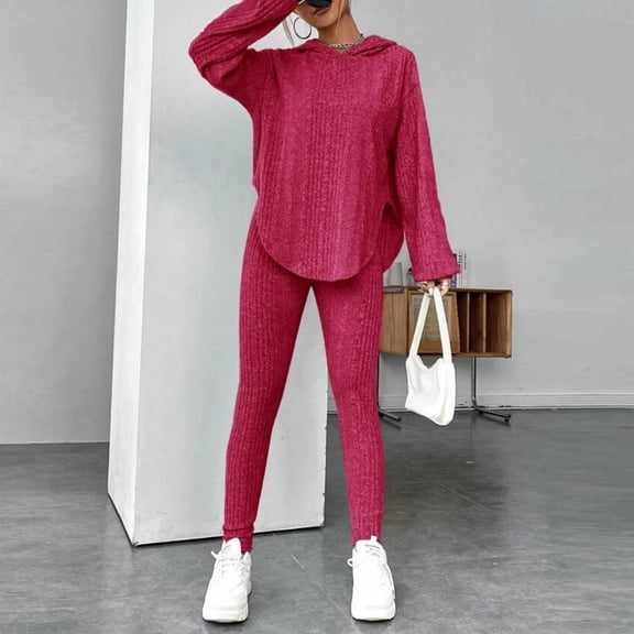 TrendVibe365 Knit Lounge Sets for Women 2 Piece Solid Color Ribbed Knit Crewneck Long Sleeve Shirts and Long Pants Basic Travel Pajamas Lounge Set Loungewear Summer Outfits