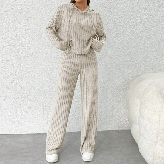 successthop Knit Lounge Sets for Women 2 Piece Solid Color Ribbed Knit Hoodie Long Sleeve Shirts and Long Pants Cosy Loose Fit Pajamas Lounge Set Loungewear Summer Outfits