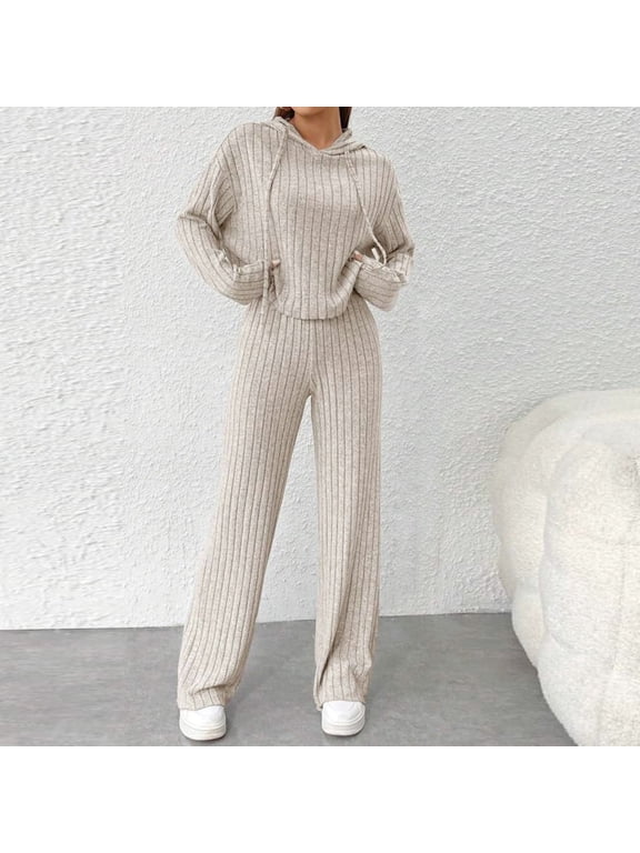 Knit Lounge Sets for Women 2 Piece Solid Color Ribbed Knit Hoodie Long Sleeve Shirts and Long Pants Cosy Loose Fit Pajamas Lounge Set Loungewear Summer Outfits