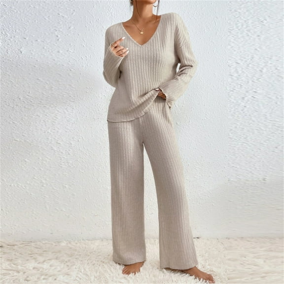 TrendVibe365 Knit Lounge Sets for Women 2 Piece Solid Color Ribbed Knit V Neck Long Sleeve Shirts and Wide Leg Long Pants Casual Travel Pajamas Lounge Set Loungewear Summer Outfits