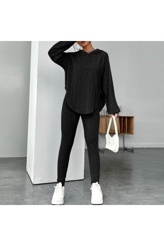 Knit Lounge Sets for Women Plus Size Solid Color Ribbed Knit Crewneck Long Sleeve Shirts and Long Pants Basic Travel Pajamas Lounge Set Loungewear Summer Outfits