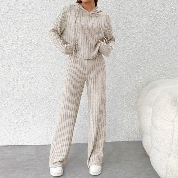 TrendVibe365 Knit Lounge Sets for Women Solid Color Ribbed Knit Hoodie Long Sleeve Shirts and Long Pants Fashion Vacation Pajamas Lounge Set Loungewear Summer Outfits