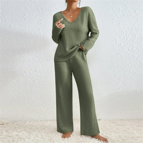 TrendVibe365 Knit Lounge Sets for Women 2 Piece Joggers Solid Knitted Round Neck Long Sleeve Casual Pants Set Green L
