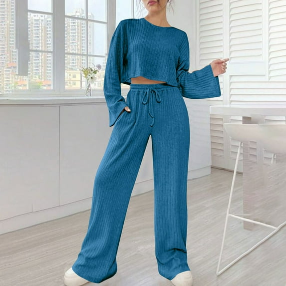 TrendVibe365 Knit Lounge Sets for Women Fall Winter Strip Homewear Knitted Long sleeved Suit Round Neck Top shirt Set Blue L