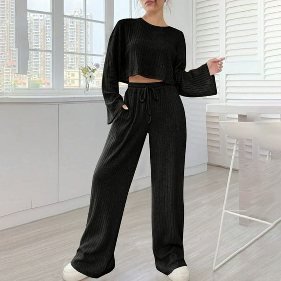 TrendVibe365 Knit Sets Two Piece Women Fall Fall Winter Strip Homewear Knitted Long sleeved Suit Round Neck Top shirt Set Black XL