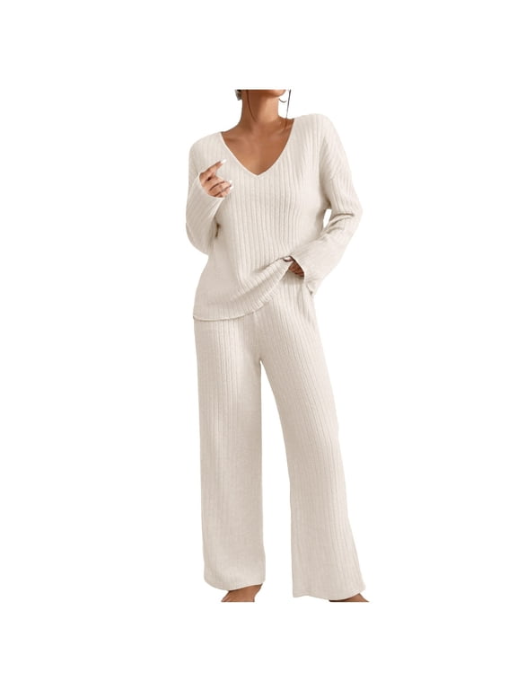 TrendVibe365 Knit Sets Two Piece Women Solid Knitted Round Neck Long Sleeve Casual Pants Set Beige M
