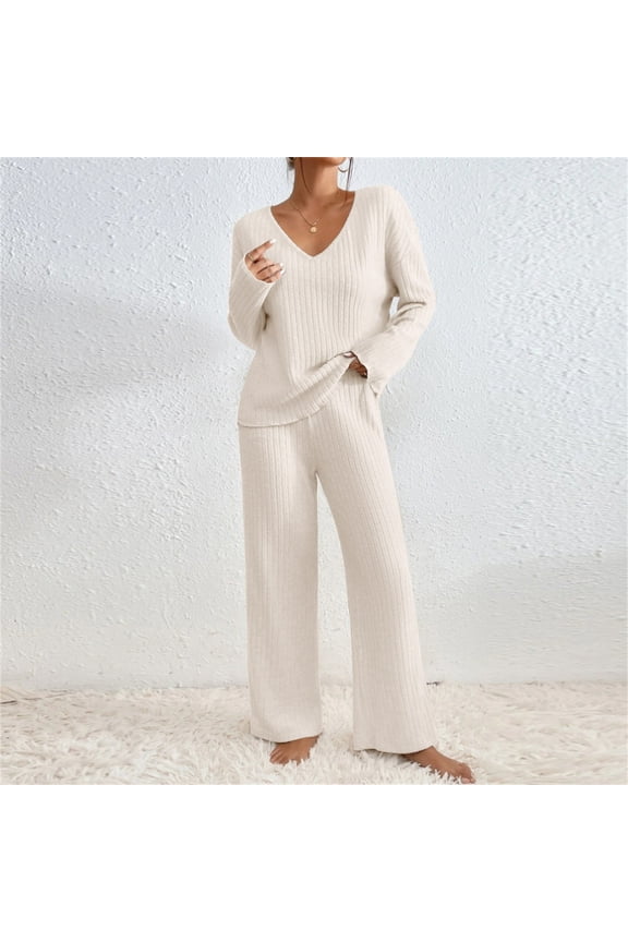 TrendVibe365 Knit Sets Two Piece Women Solid Knitted Round Neck Long Sleeve Casual Pants Set Beige M
