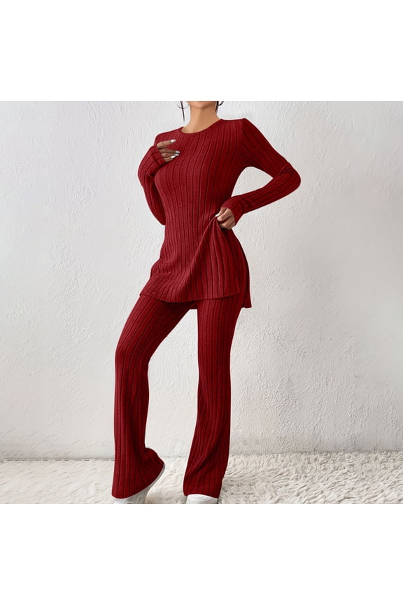 TrendVibe365 Knit Sets Two Piece Women Style Double Breasted Drape Jacket Pajamas Pants Set Long Sleeve Lapel Set Wine M