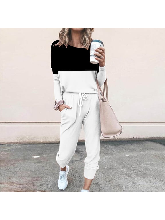 Ladies Sweatsuits 2PCS Sets Womens Patchwork Crewneck Long Sleeve Shirts and Jogger Sweatpants Fit Workout Outfits Activewear Tracksuit Jogging Suits Sweatsuits