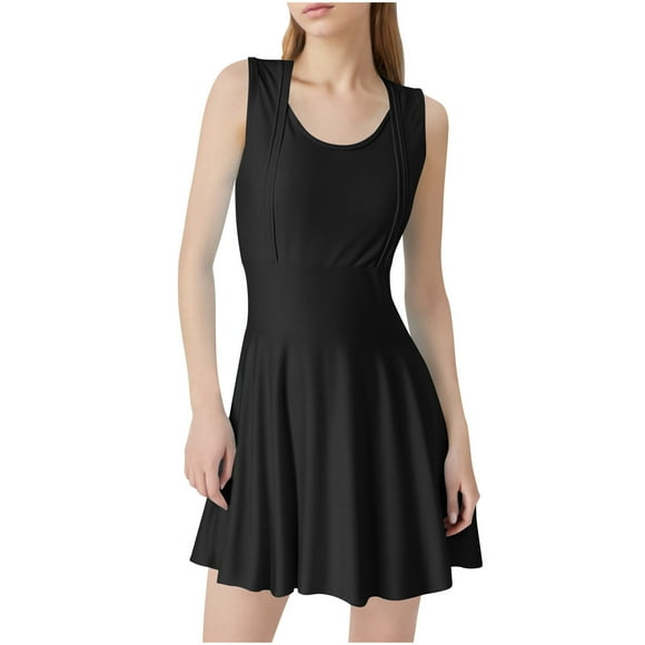 TrendVibe365 Ladies Swimsuits Tankini Swim Dress Black One Piece Bathing Suits Swim Dress Solid Swimwear Beachwear XL