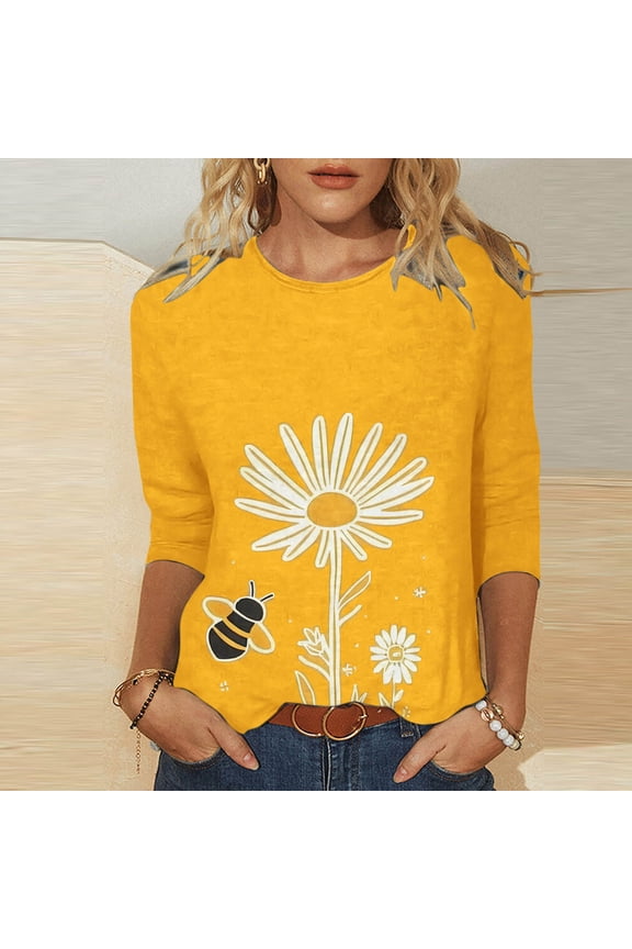 Ladies Tops Yellow Shirts Sunflower Floral Y2k Tops Crew Neck T-Shirt 3/4 Sleeve Tee Blouse Funny Clothes
