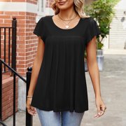 successthop Ladies Tops and Blouses Summer Tunic Pleated Plain Shirts Ruffle Sleeve Short Sleeve Tees Pullovers Round Neck Tshirts Loose Fit Outfits