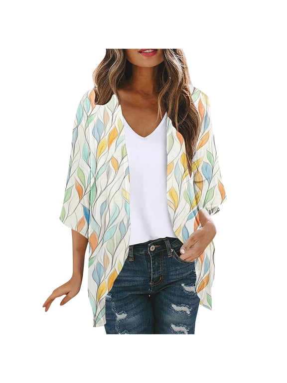 Lightweight Cardigans for Women Summer Open Front 3/4 Sleeve Shirts Button Loose Casual Blouse Draped Flowy Cover Up Cropped Cardigans Everyday Wear Outfits Going Out Cardigan