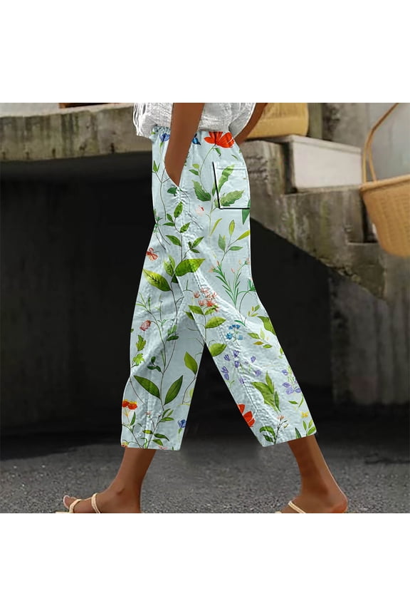 Lightweight Summer Pants Women Plus Size Summer Beach Pants Mid Waisted Straight Leg Cropped Capris Pants Retro Floral Casual Elastic Waistband Drawstring Trousers w Pockets Boho