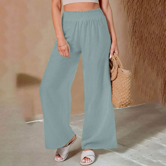 TrendVibe365 Linen Pants Women Summer Cotton Linen Summer Beach Wide Leg Pants High Rise Palazzo Gaucho Long Pants Loose Fit Flowy Trendy Pull on Elastic Waistband Trousers w Pockets Comfy 2024