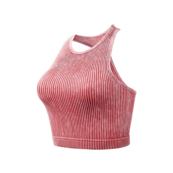 successthop Long Line Sports Bra Women Ribbed Knit No Wire Push up Seamless Bralettes Padded High Neck Racerback Halter Wide Strap Support Longline Corset Full Coverage Comfortable Lingerie Red M