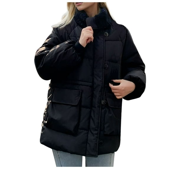 TrendVibe365 Long Puffer Coat Women Black Long Sleeve Down Jacket No Hood Long Winter Coats Midweight Warm Outerwear Plain Thick Coat Zip Winter Clothes with Pockets 2023 Soft Comfy Overcoat