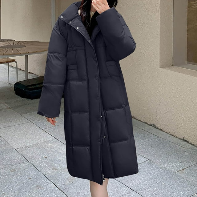 TrendVibe365 Long Puffer Coat Women Heavy Black Long Sleeve Down Jacket ...