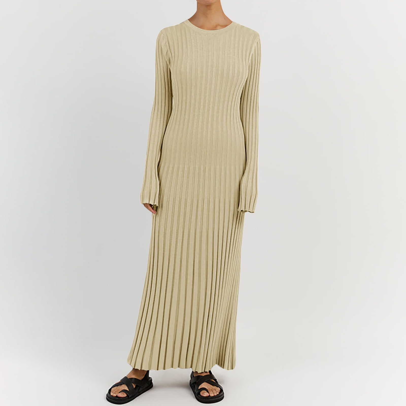 successthop Long Sweater Dresses for Women Crew Neck Maxi Dress Long Sleeve Dress Solid Top Loose Ribbed Knit Outfits Casual Dressy Bodysuit Clothes Beige S