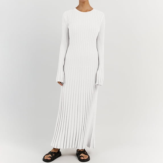 successthop Long Sweater Dresses for Women Crew Neck Maxi Dress Long Sleeve Dress Solid Top Oversized Cable Knit Outfits Casual Vintage Clothes White L