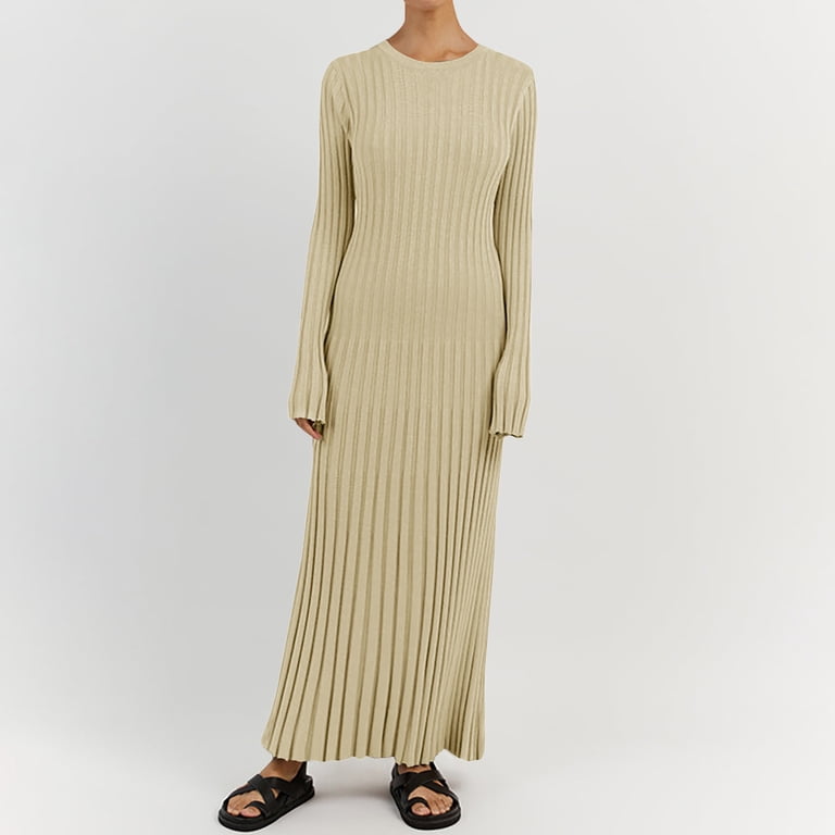 successthop Long Sweater Dresses for Women Crew Neck Maxi Dress Long Sleeve  Dress Solid Top Oversized Cable Knit Outfits Casual Cozy Sexy Winter  Clothes Beige M - Walmart.com