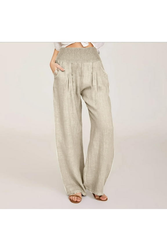 successthop Loose Pants for Women Plus Size Linen Summer Beach Wide Leg Pants High Rise Palazzo Gaucho Long Pants Loose Fit Flowy Casual Pull on Elastic Waistband Trousers w Pockets Boho
