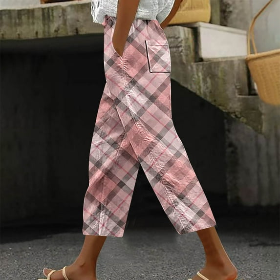TrendVibe365 Loose Pants for Women Summer Beach Pants Mid Rise Straight Leg Cropped Capris Pants Plaid Lightweight Elastic Waist Drawstring Trousers w Pockets Soft Resort