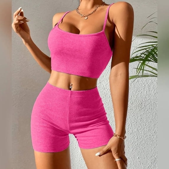 successthop Lounge Sets for Women 2 Piece Joggers Solid Color Croped Ribbed Knit Bandeau Sleeveless Cami Shirts and Shorts Cosy Loose Fit Pajamas Lounge Set Loungewear Summer Outfits